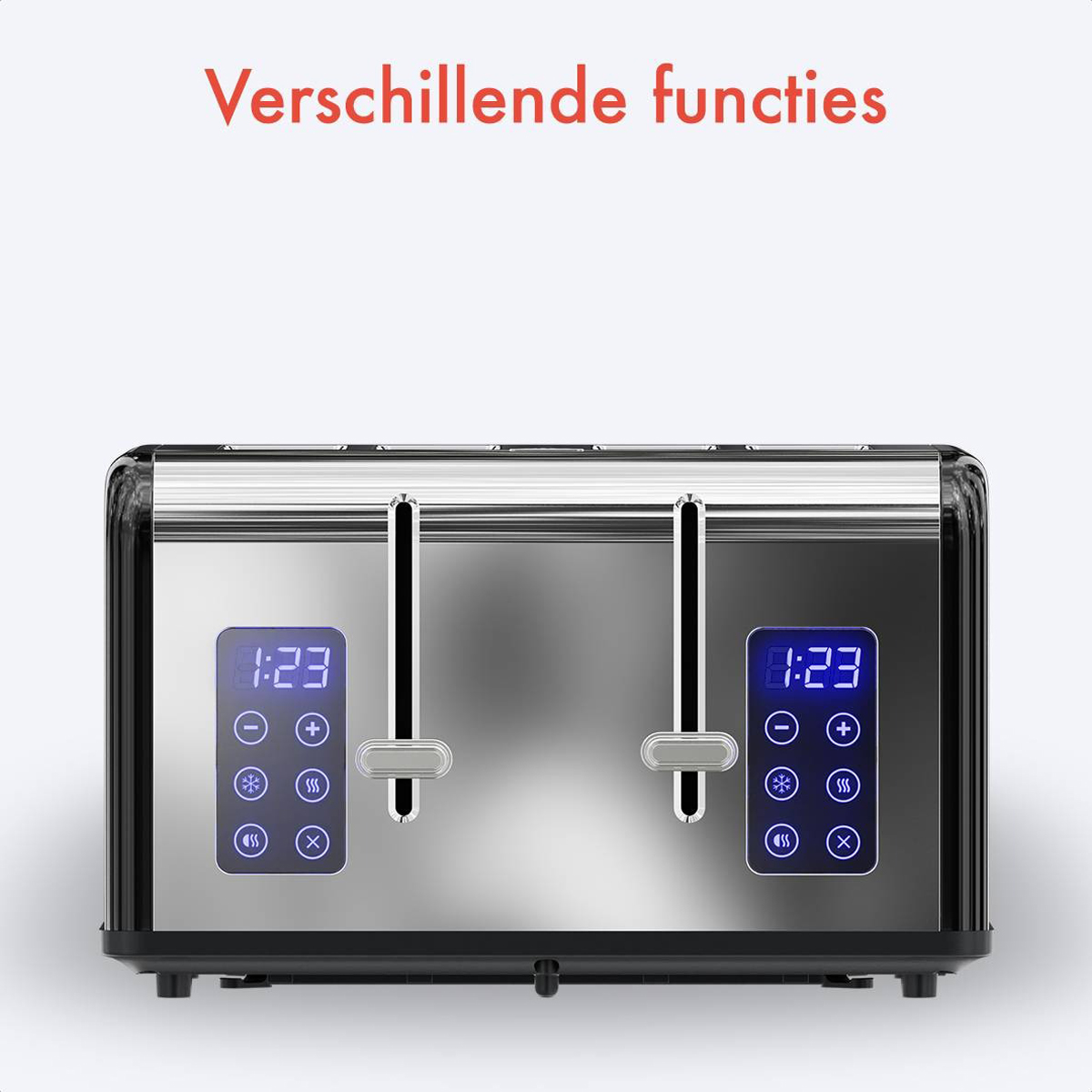 A modern toaster with a digital display showing the time and settings.