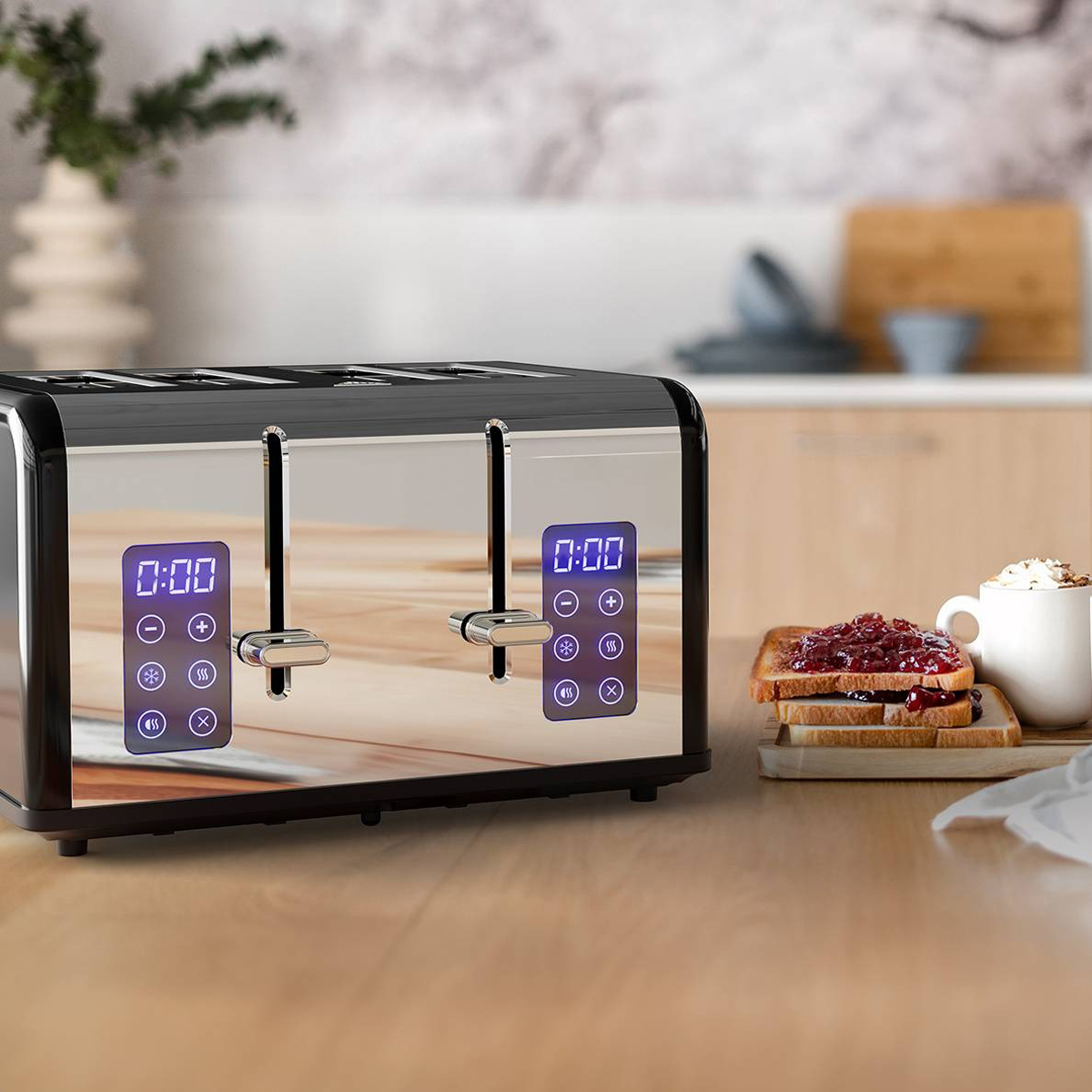 Modern toaster with digital displays, with toast and jam, and a cup of coffee on a wooden table.
