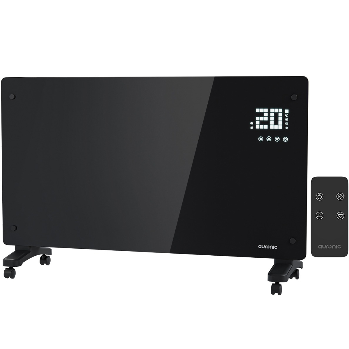 Black Auronic heater with a digital display and a remote control. It stands on a black base with wheels.