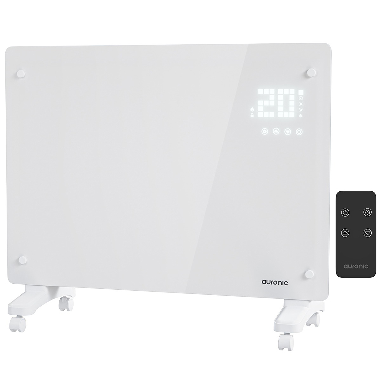 Witte elektrische kachel met digitale display en afstandsbediening. Het heeft wielen. Witte achtergrond.