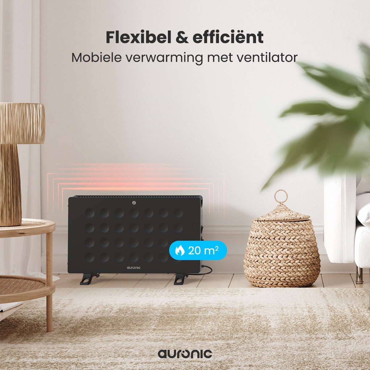 Black heater with a basket and plant. The heater shows red lights.