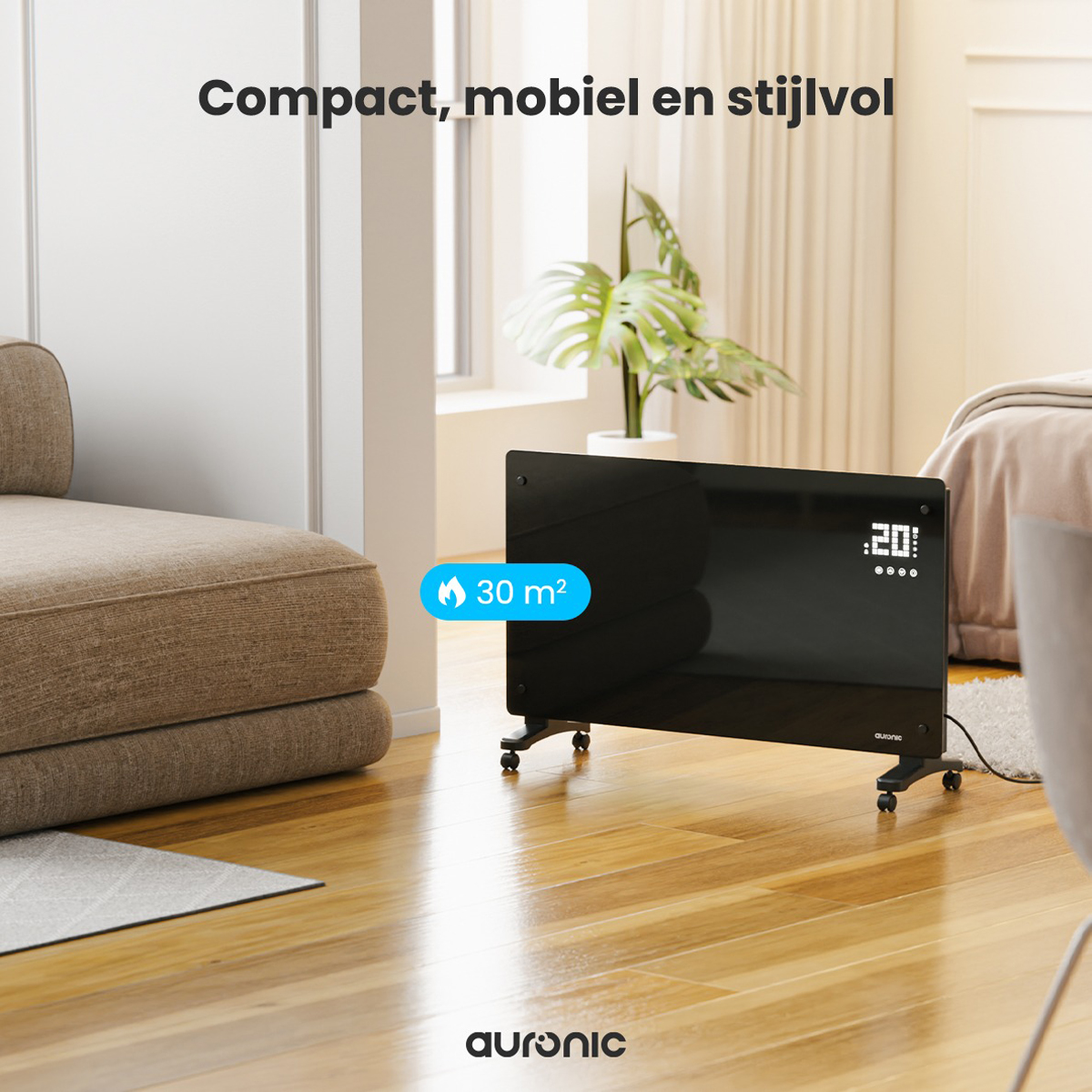 Black heater with digital display, on wheels, in a room.