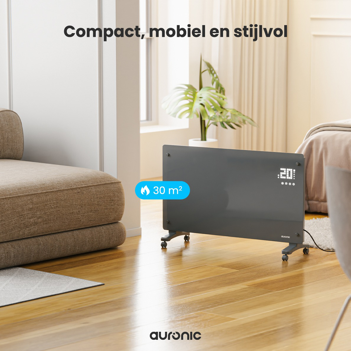 Room with a black Auronic heater. A couch, plant, and wooden floor are visible. Text indicates 30 m².