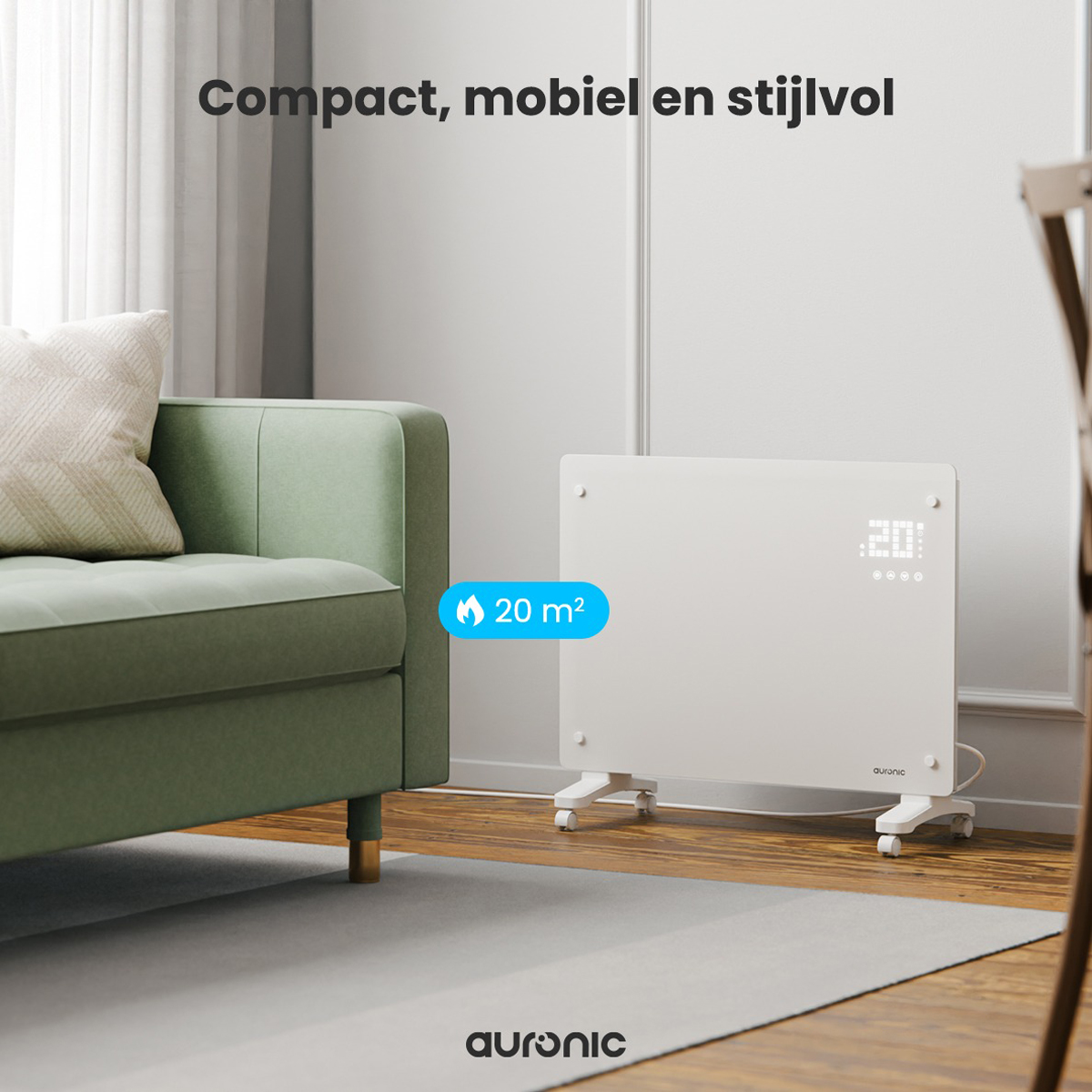 Witte kachel in een woonkamer, bij een bank, met een digitaal display met de temperatuur.