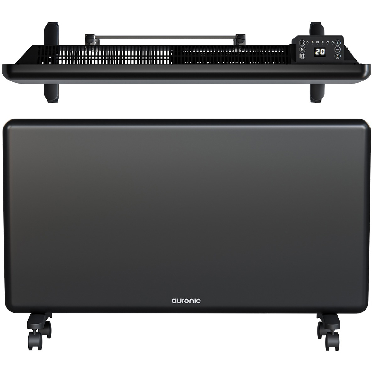 Black electric heater with digital display and wheels.