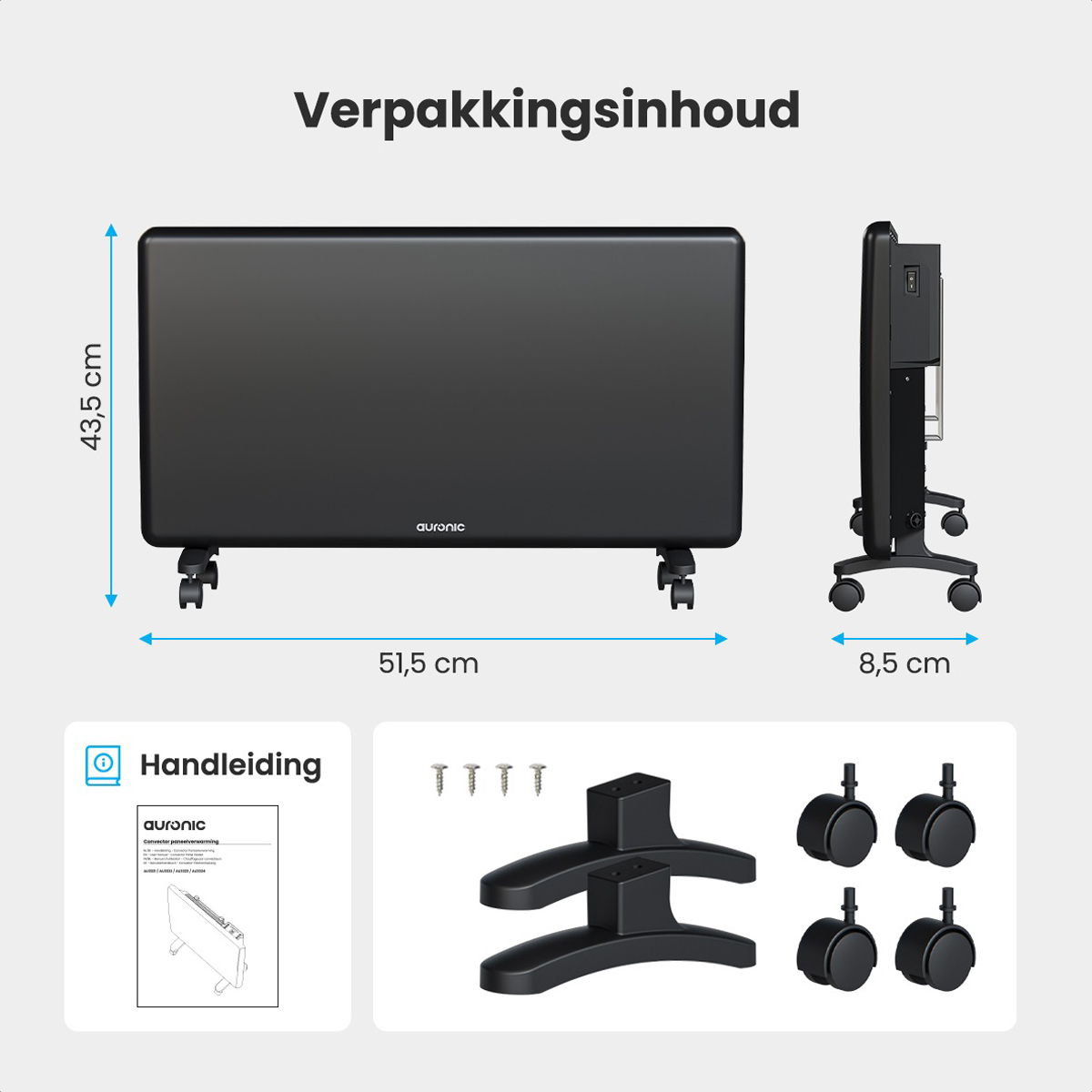Black heater showing dimensions. The packaging contents are also shown.