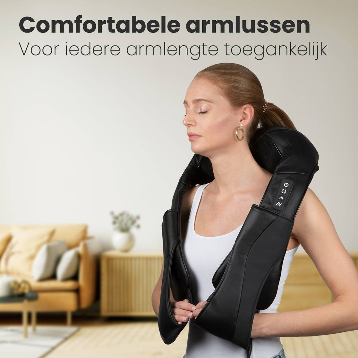 Woman with neck massager, eyes closed, wearing a white top.