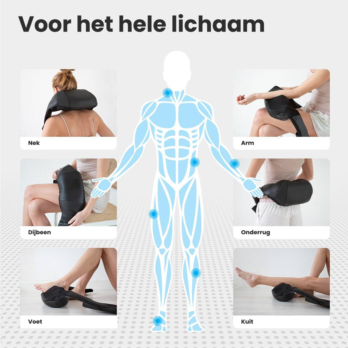 Diagram showing massage pillow use on neck, arms, back, legs, and feet. White background.