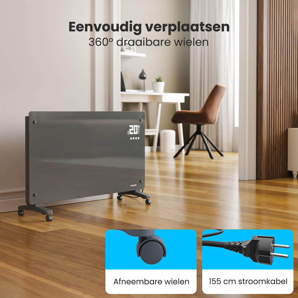 Electric heater with wheels, power plug and text: 'Easy to move'. Wooden floor.