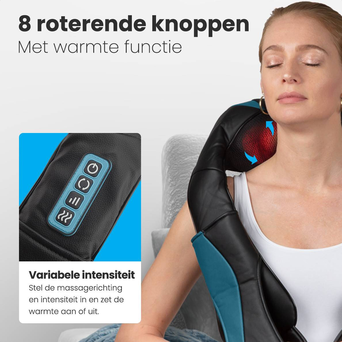 A woman wears a massage device on her neck. There are close-ups of the controls and the device's surface.