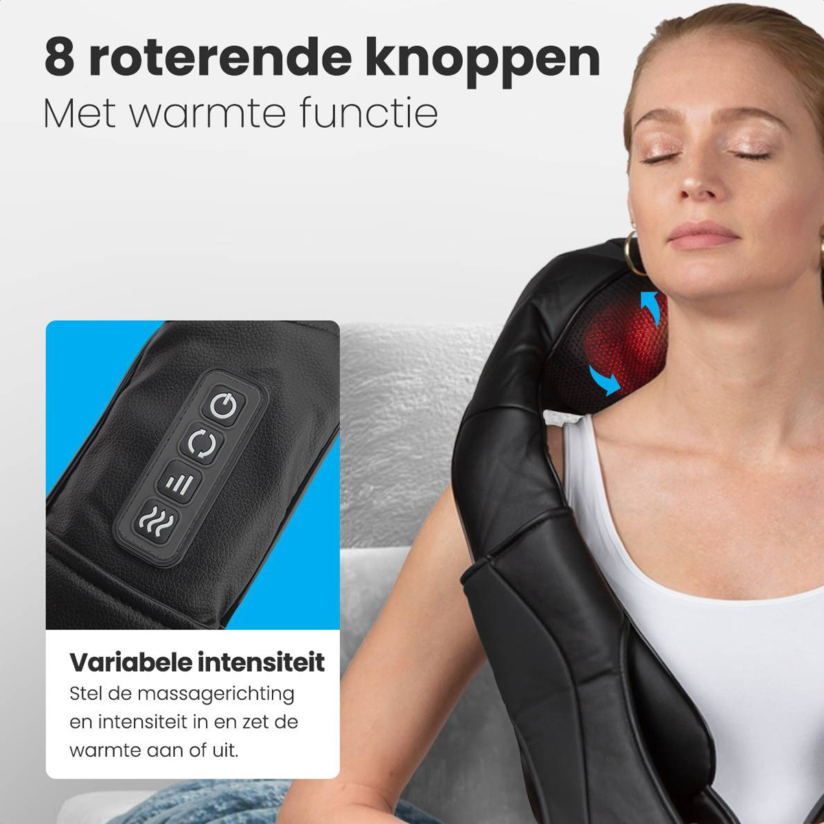 Woman using a black neck massager. Close-up of control panel and red heating area.