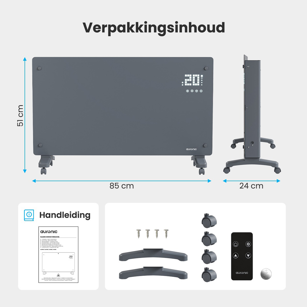 Grey panel heater with accessories. Dimensions and a remote are also shown. Text: Packing contents.