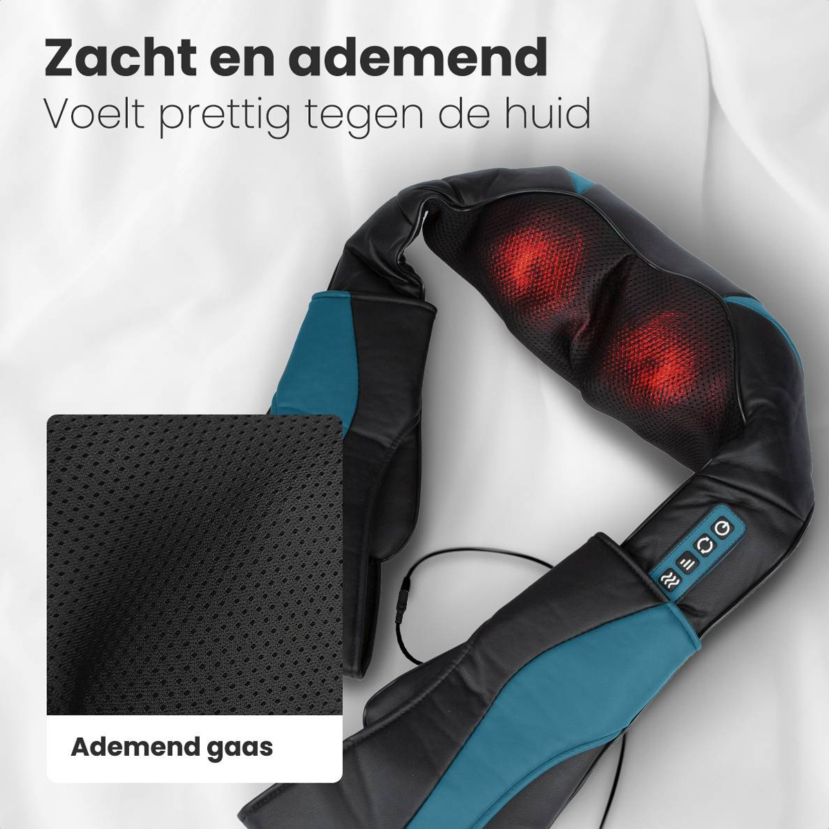 Massage device with black and blue fabric. Shows detail of fabric and buttons. Has a mesh surface for breathability.