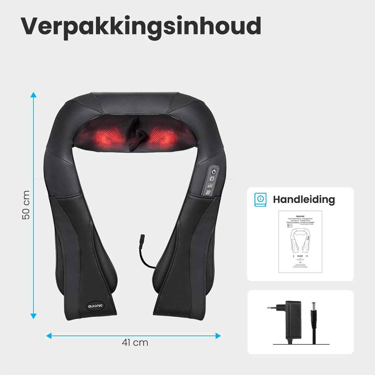 Neck massager with dimensions and content details. A manual and charger.