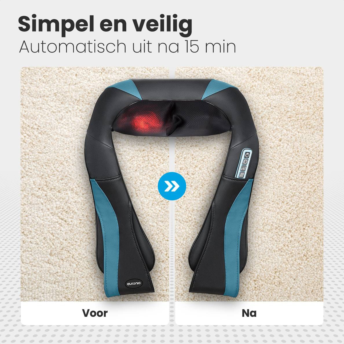 Neck massager before and after usage. Black and teal with a white carpet background.