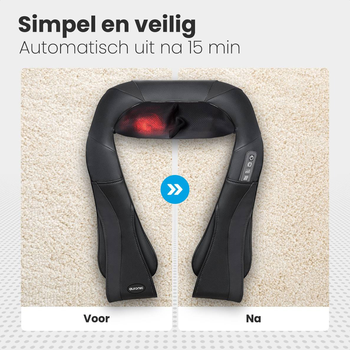 Massage device before and after use. On a carpet, with a forward arrow between.