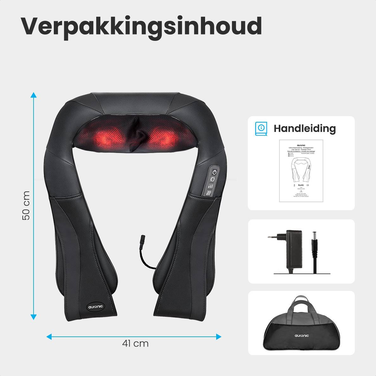 Packaging contents with dimensions and items. Massage pillow, manual, adapter, and a bag.