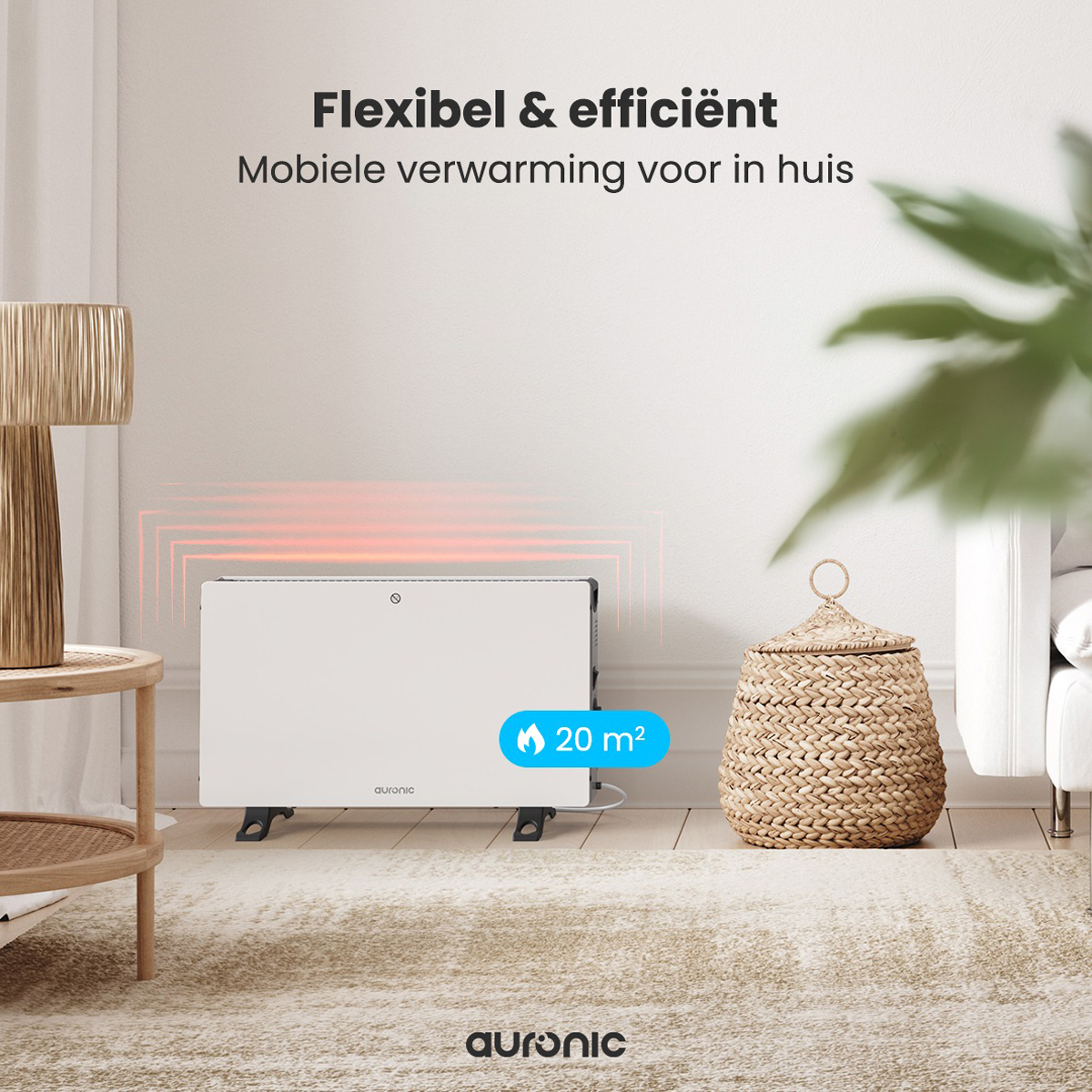White electric heater with a basket in a room with a rug.