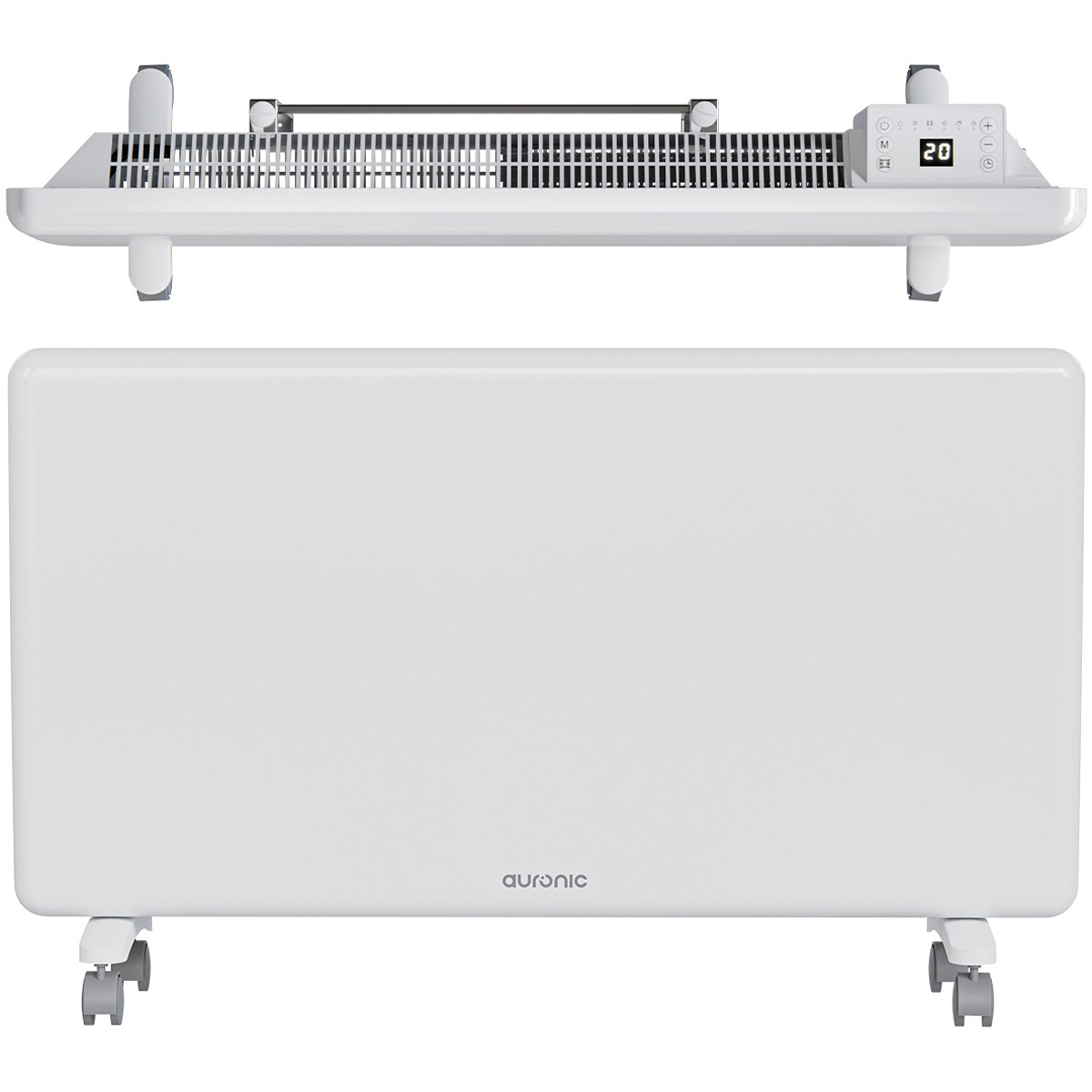 Two white heaters, one mounted and one with wheels, side by side.
