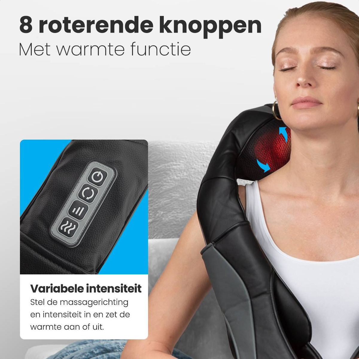 A woman uses a neck massager. The device has buttons and a variable intensity display.
