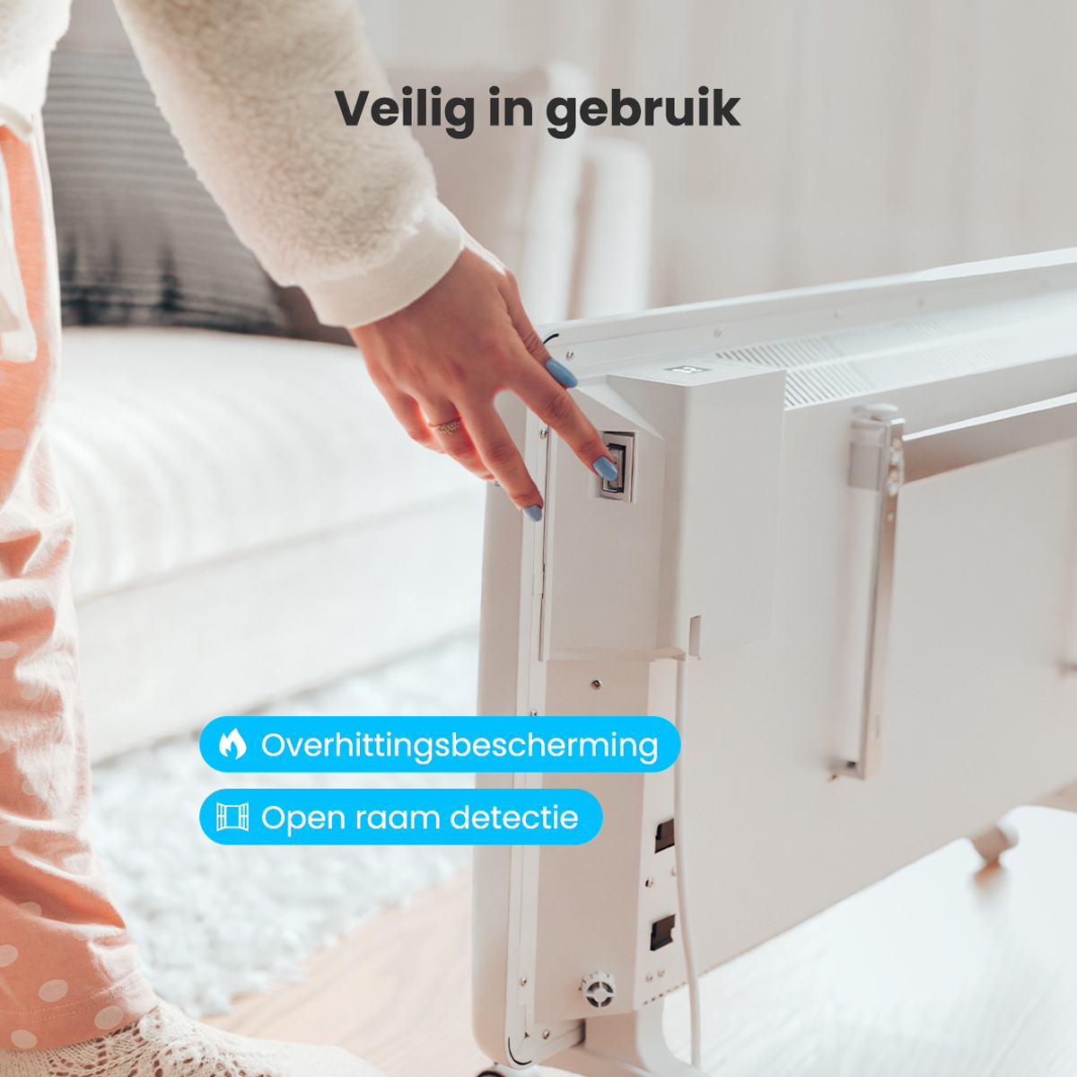 A woman touches the power button. The heater is white. Text: Safe to use.