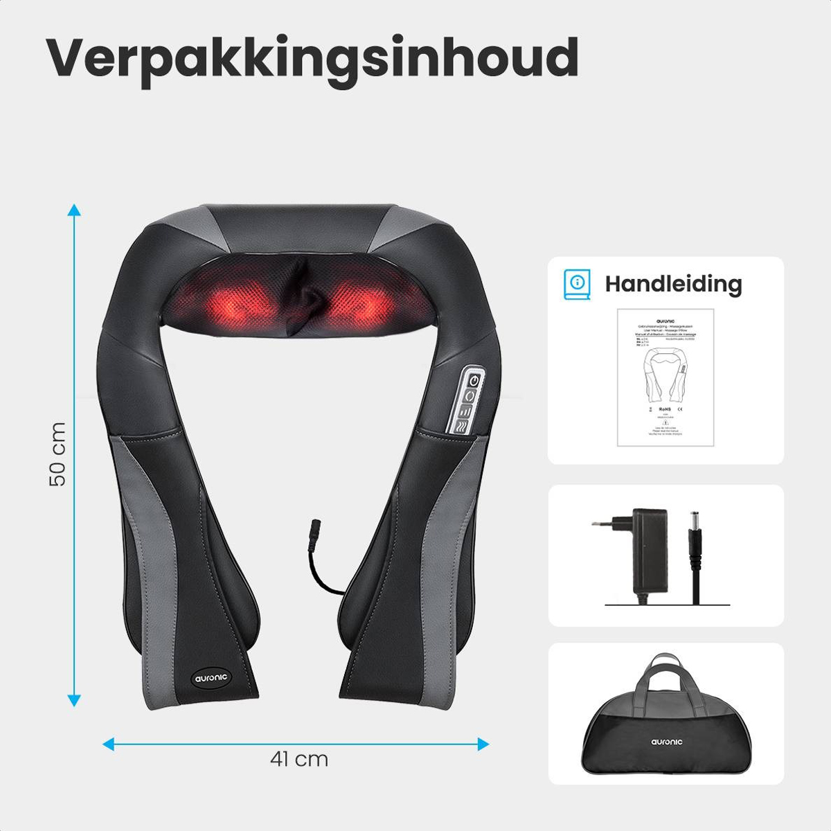 Nekmassager met afmetingen en accessoires. Inclusief een handleiding, oplader en een draagtas.
