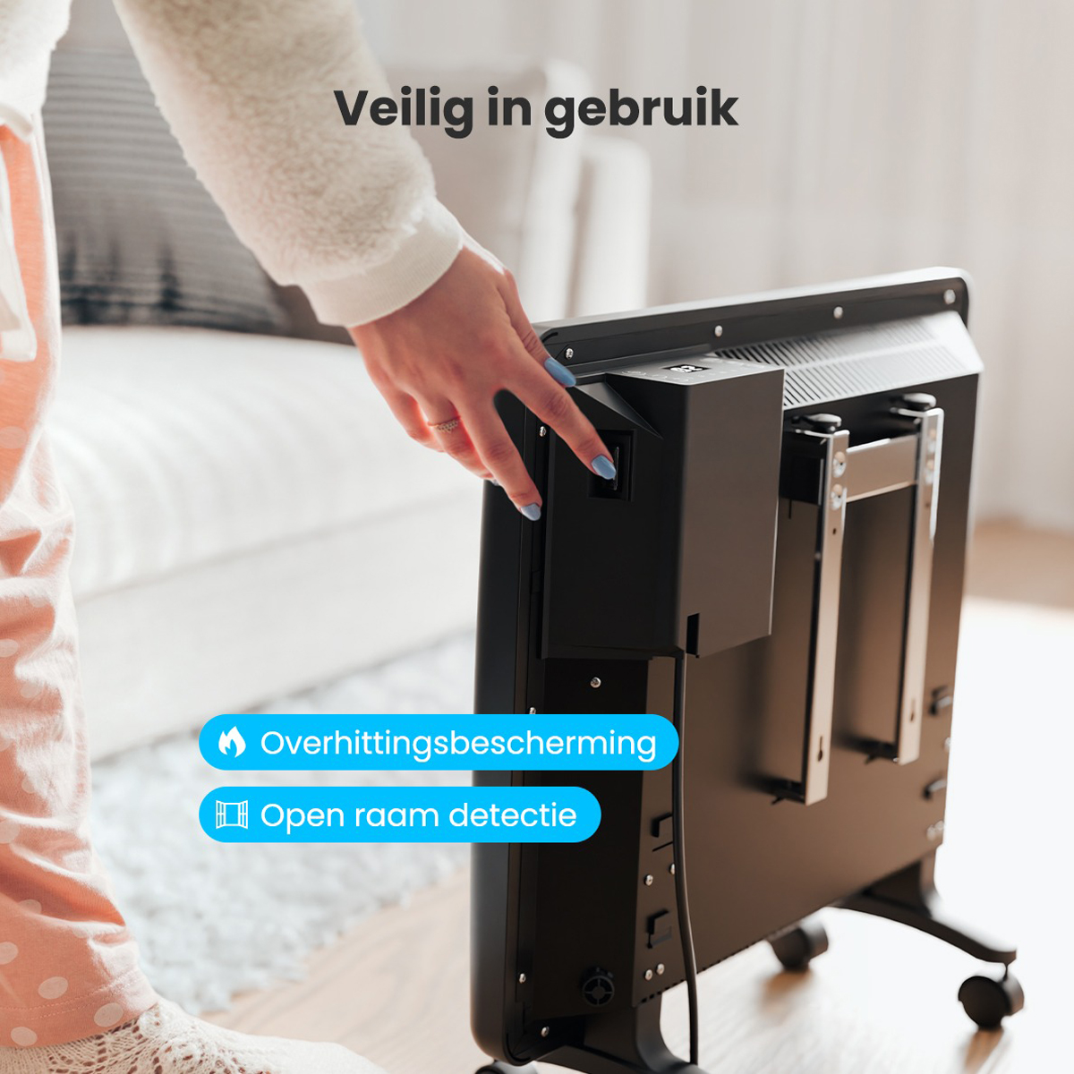 Personne touchant le panneau de contrôle du radiateur. Étiquettes de sécurité pour surchauffe et fenêtre ouverte.