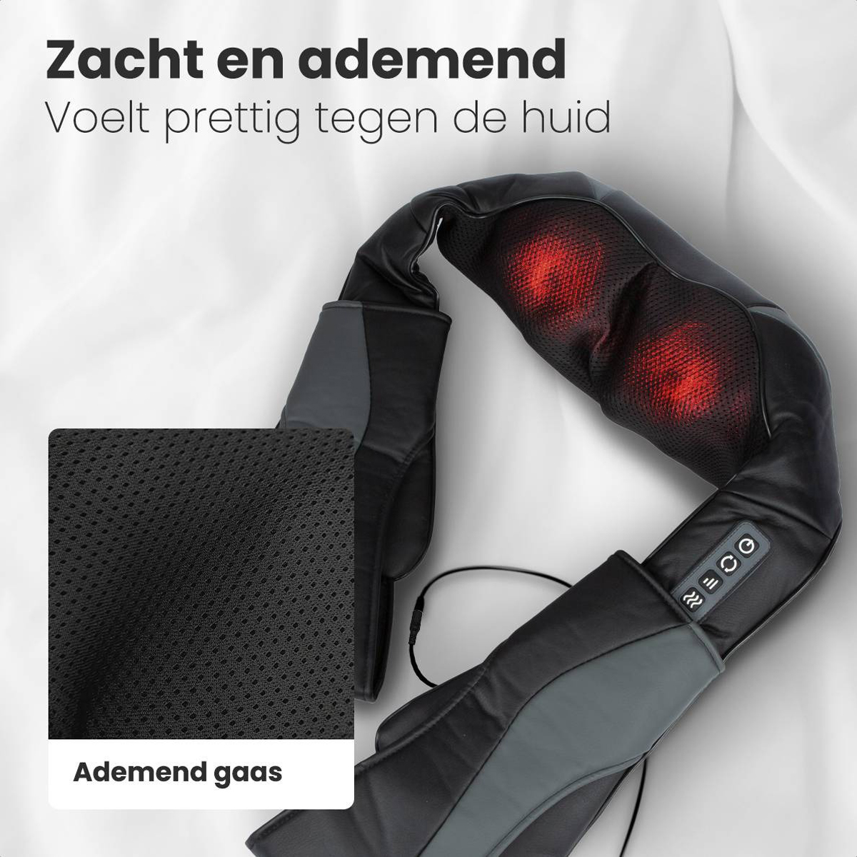 Neck massager with black and gray sections. Close up of mesh fabric and heating area.