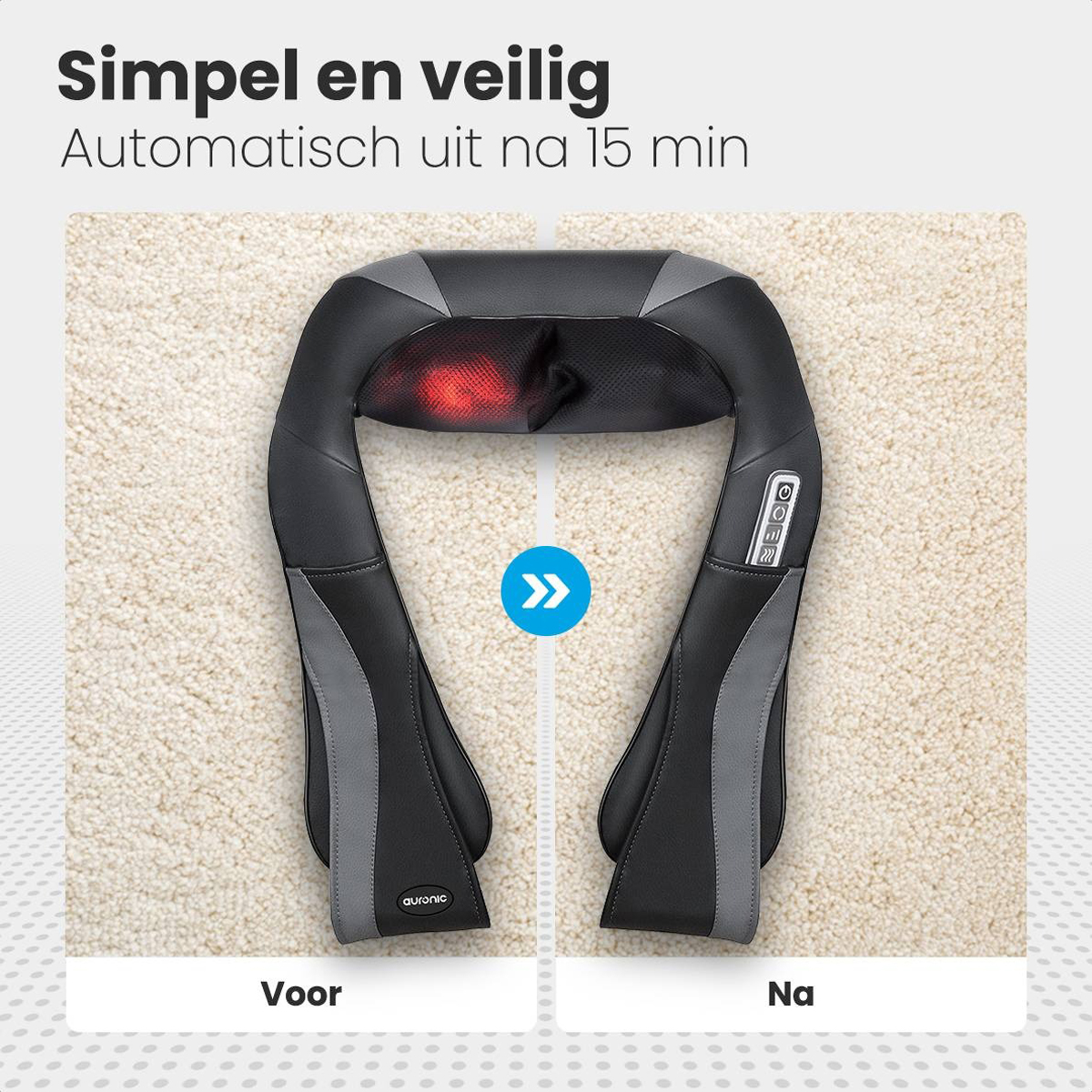 A massage device is shown, before and after use. Text: Simple and safe, automatically turns off after 15 minutes.