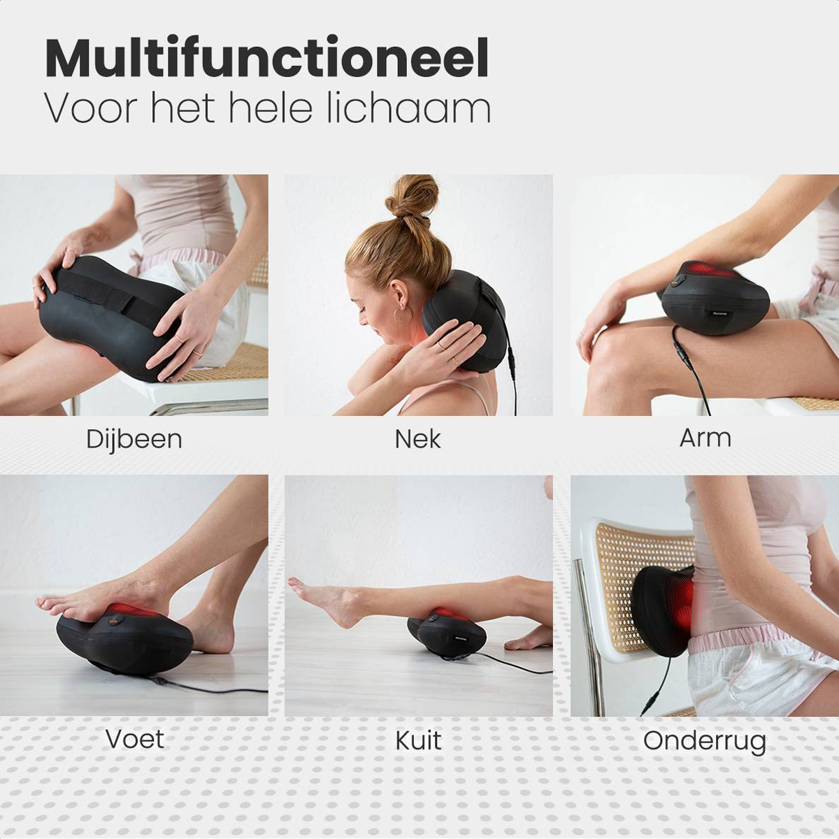 Eine Person verwendet ein Nackenmassagegerät an verschiedenen Körperteilen: Oberschenkel, Nacken, Arm, Fuß, Bein und Rücken.