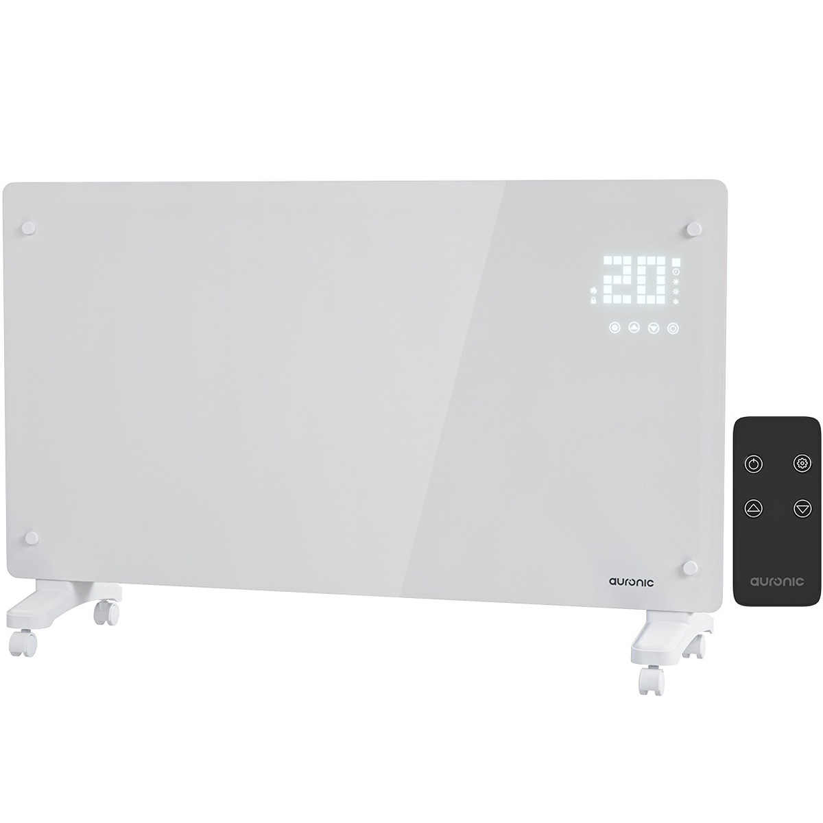 A white heater with a display and remote. It is placed on a white base. The display shows the temperature.
