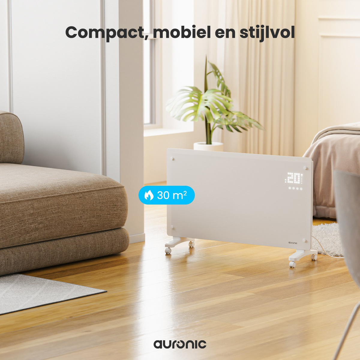 White heater on wheels with digital display, placed near a beige sofa and wooden floor.