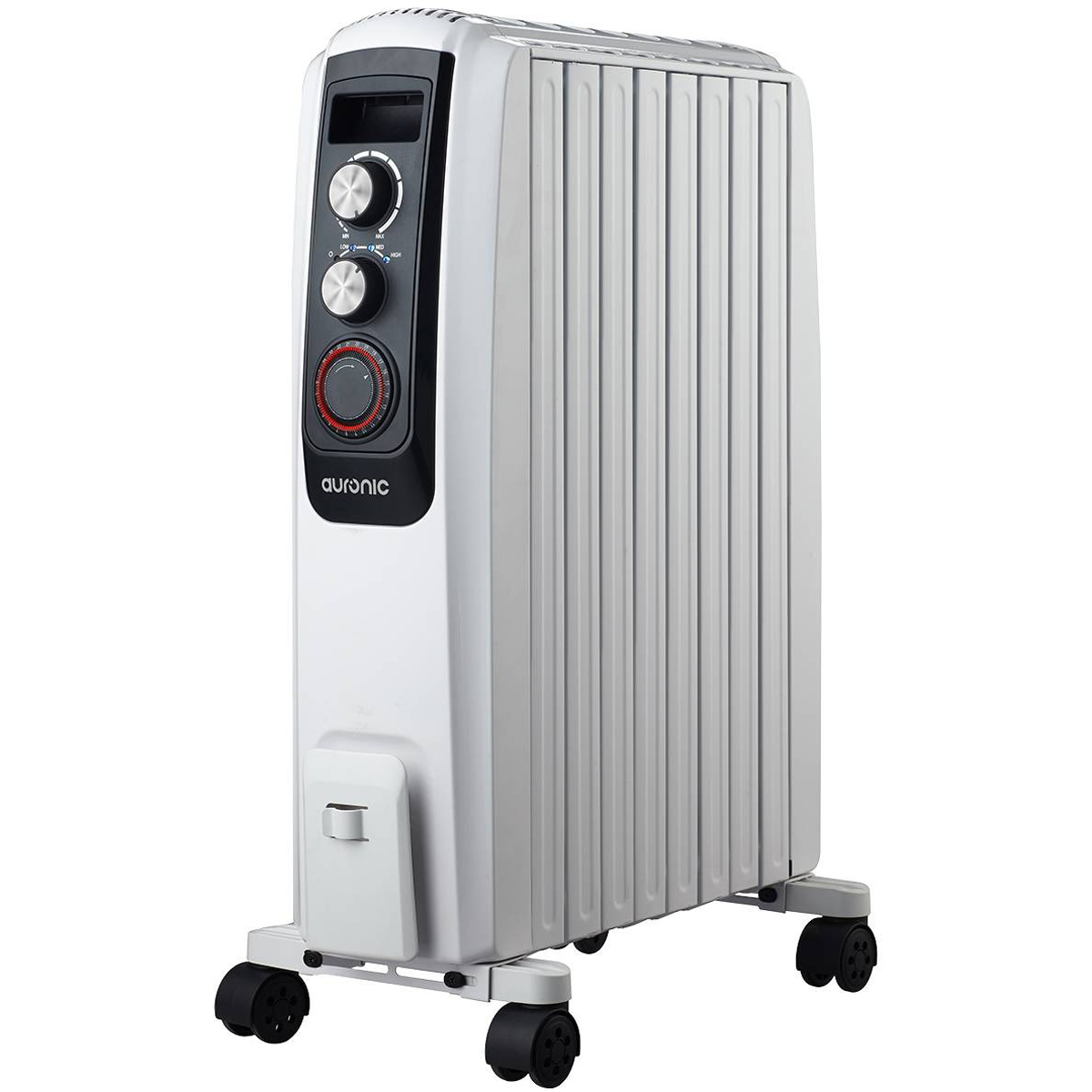 Witte Auronic oliegevulde radiator. Met verstelbare bedieningselementen, een zwarte basis en wielen.
