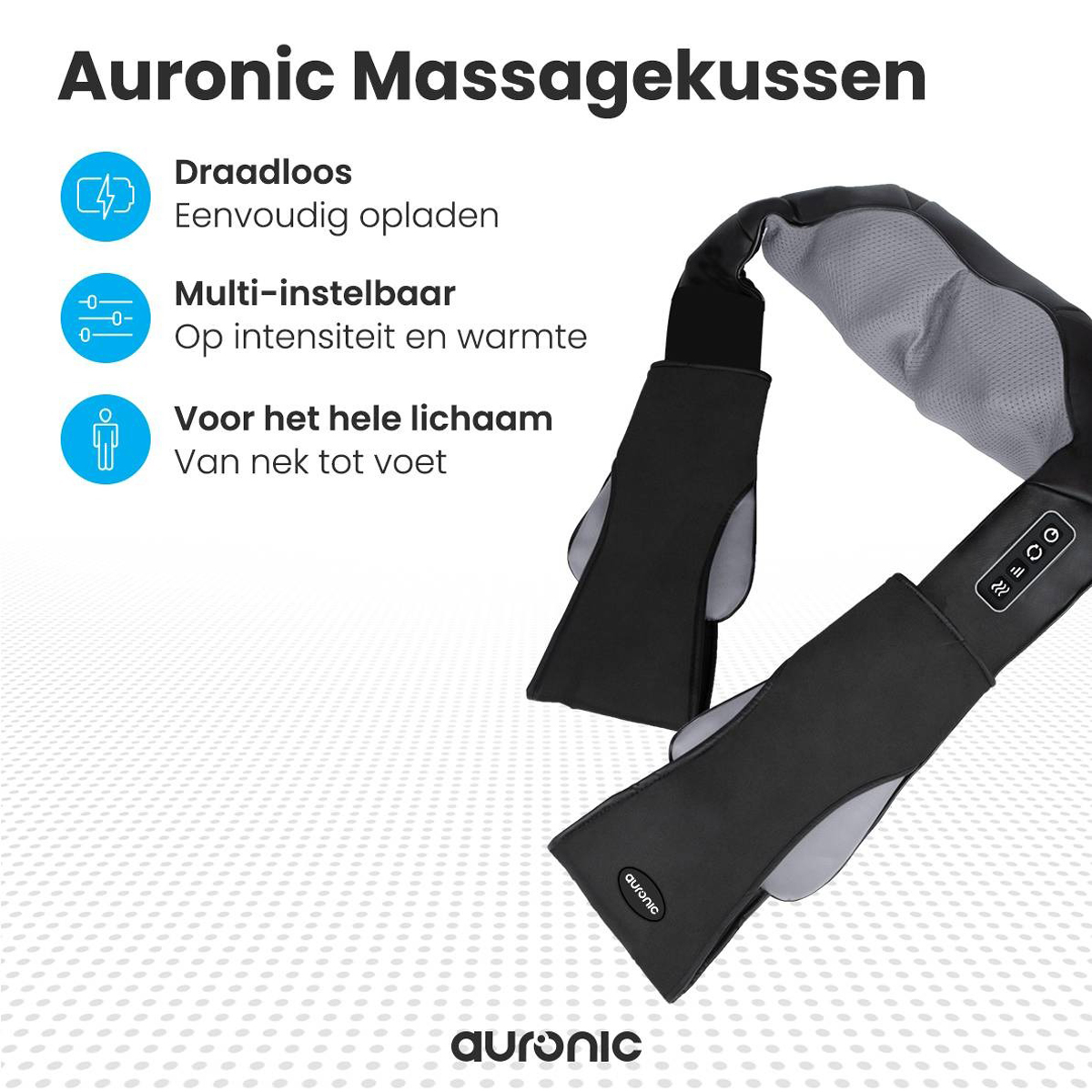 Massage pillow with diagram. Cordless, multi-adjustable for neck to feet. White background.