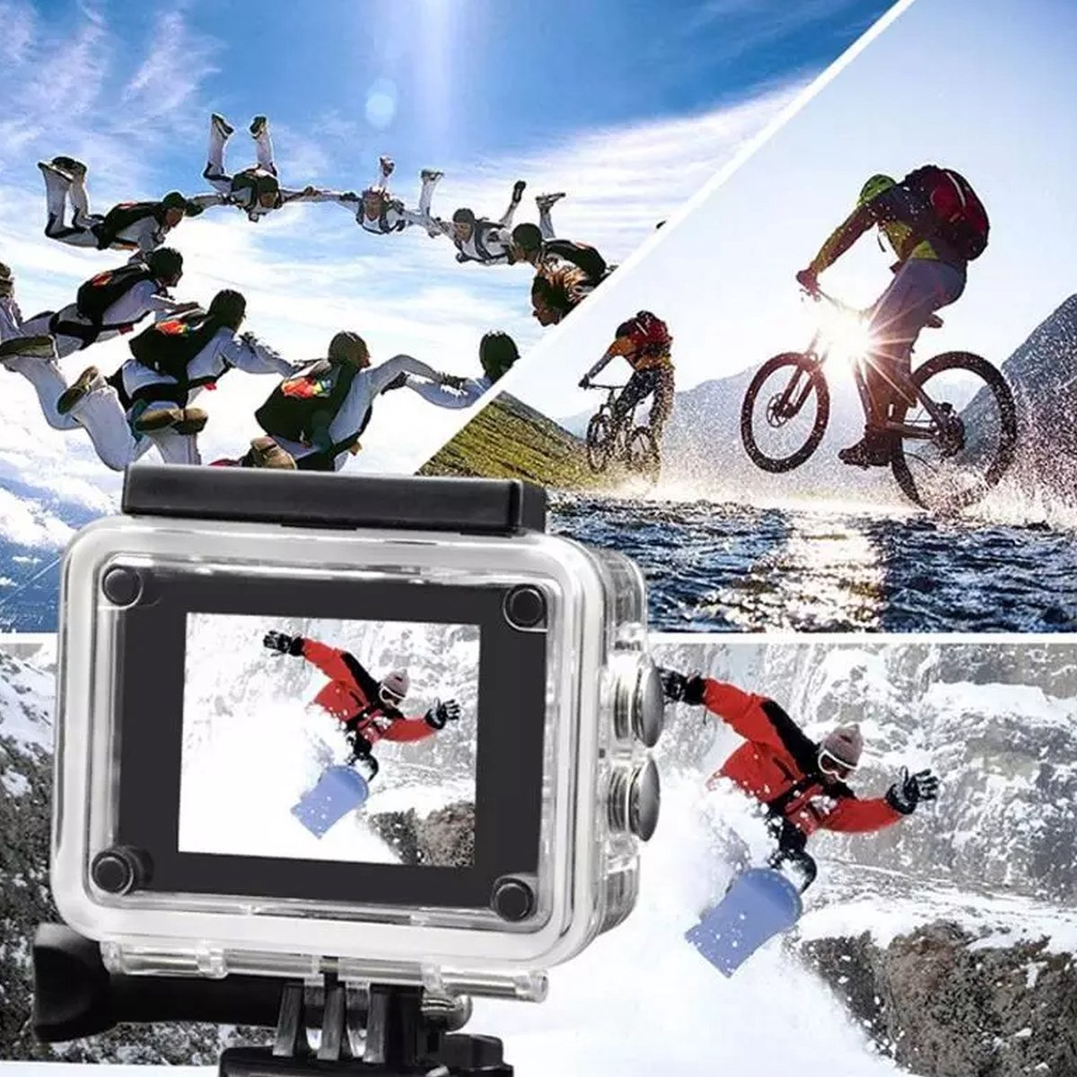 Action-Kamera in einem Gehäuse, die Fallschirmspringen, Mountainbiken und Snowboarden aufzeichnet. Blauer Himmel.