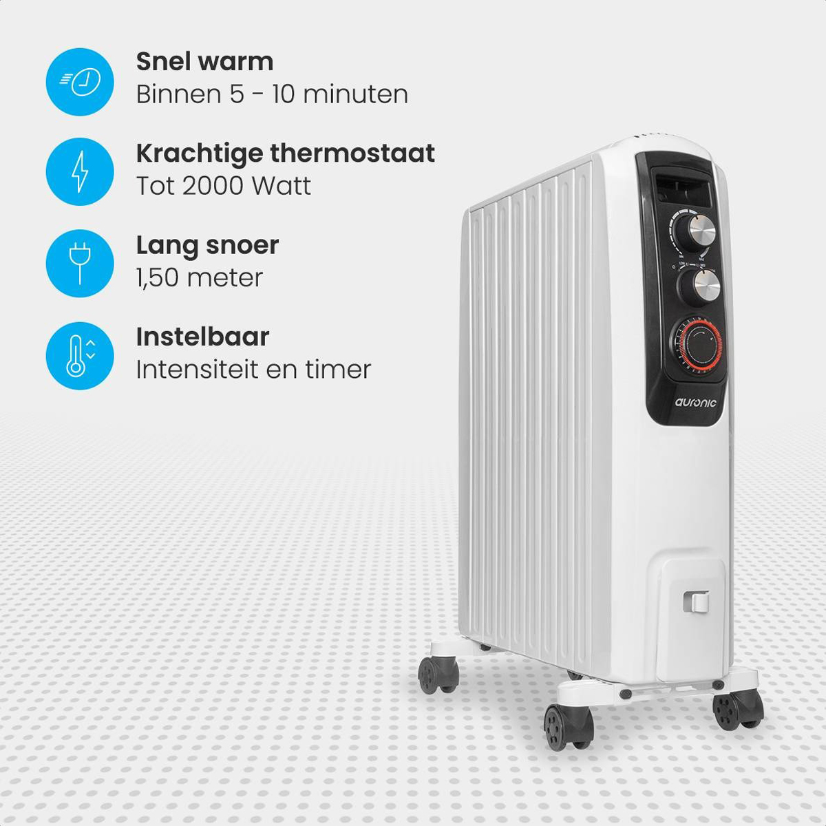 Witte kachel met bediening en wielen. Kenmerken: snel opwarmen, sterke thermostaat, lange kabel, timer.