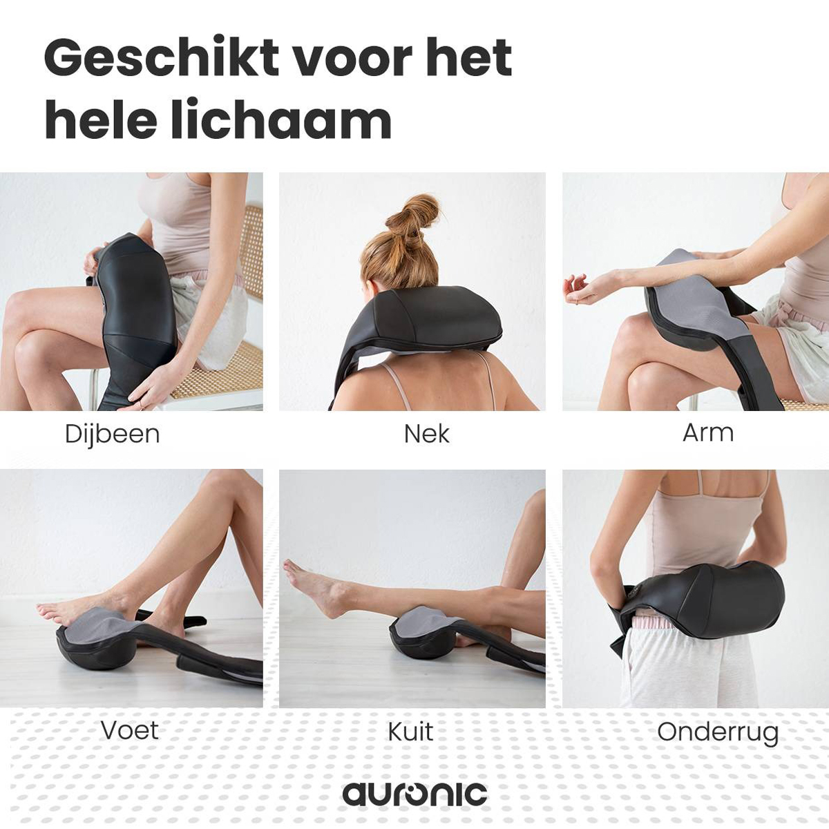 Images showing the massager being used on different body parts: thighs, neck, arm, foot, calf, and lower back.