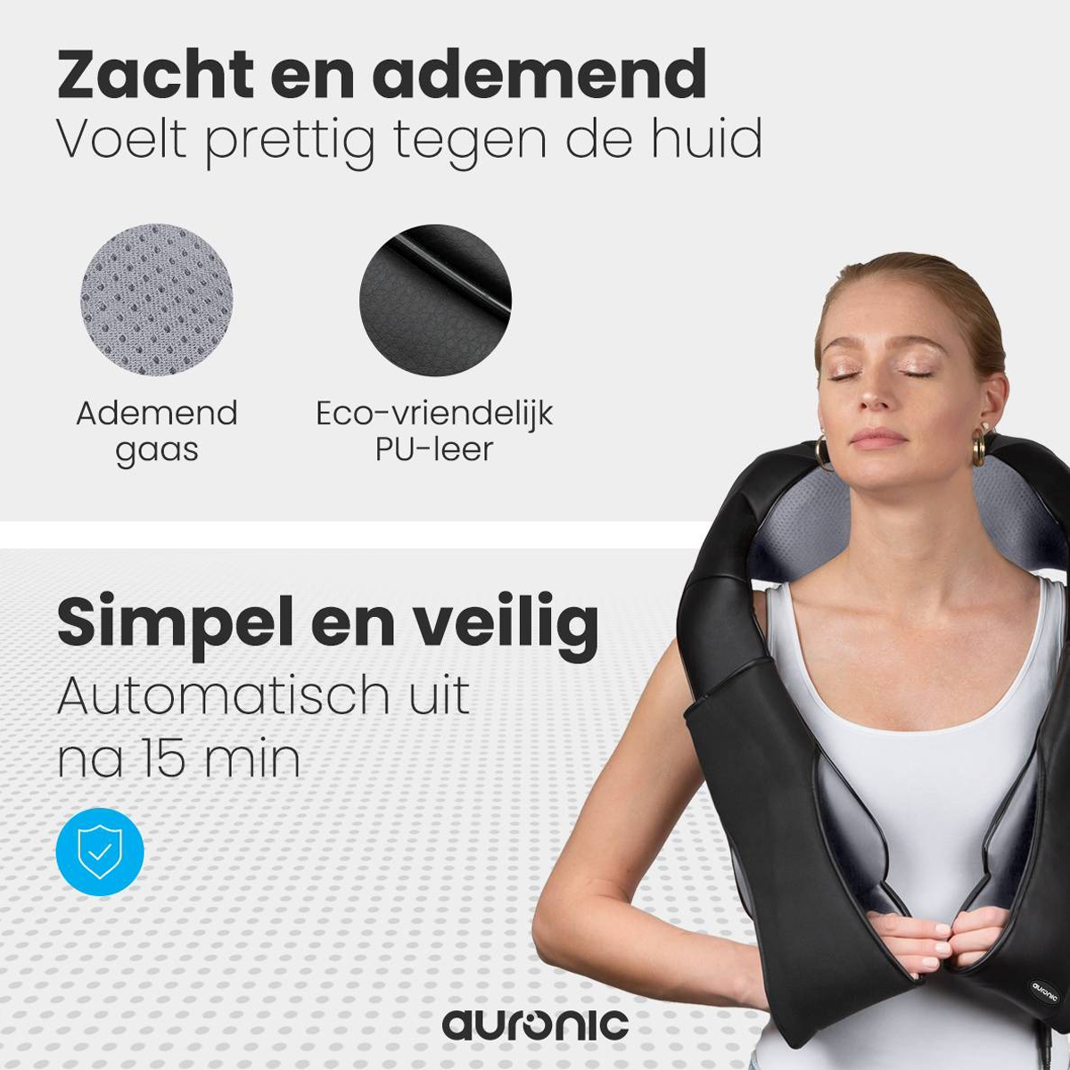 Woman with neck massage device, text: 'Soft and breathable'. White wall and logo.