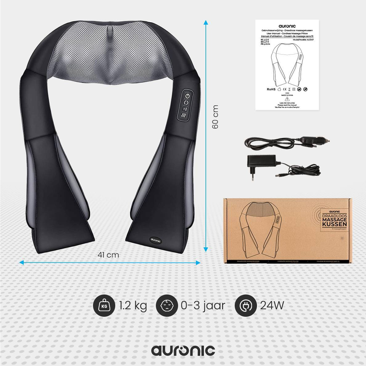 Neck massager with dimensions and accessories on a white background.