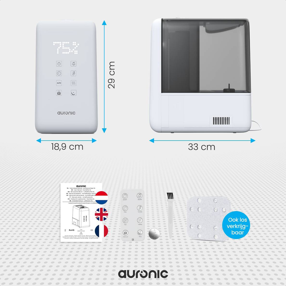 White humidifier with dimensions and details, with remote and accessories.