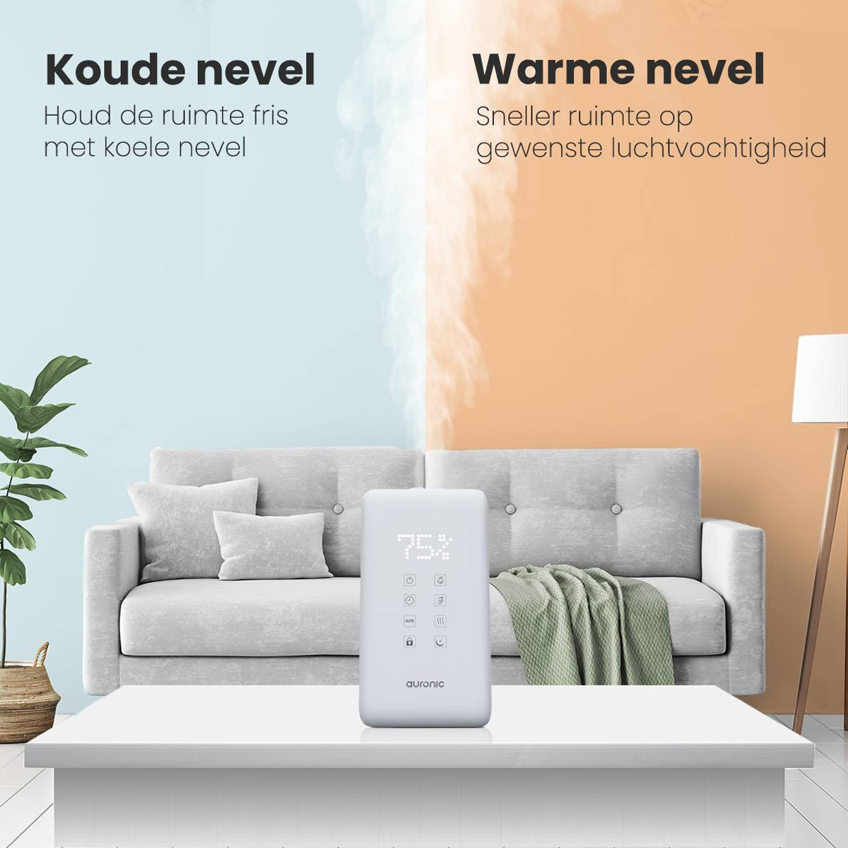 Weißer Luftbefeuchter mit Bedienfeld auf einem weißen Tisch vor einem Sofa. Text sagt 'Kalter Nebel' und 'Warmer Nebel'.