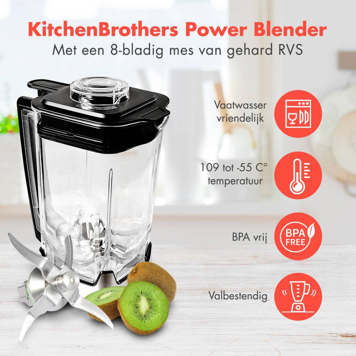 Blender with a clear container and a black lid. Kiwi fruit and blades are in front. Text about features.