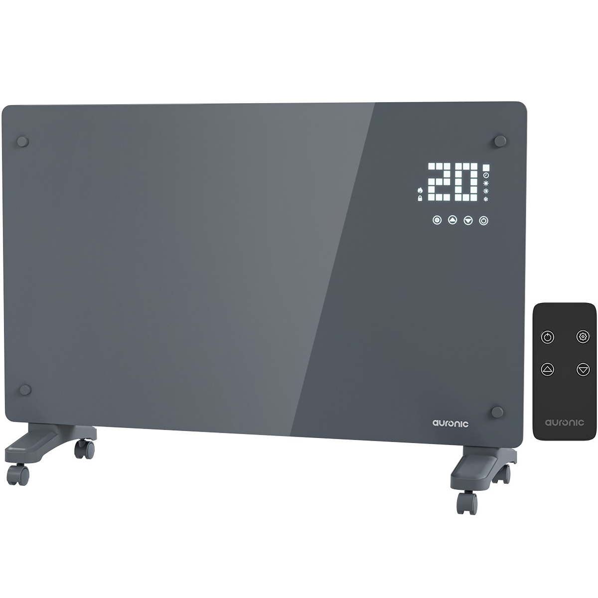Grijze heater op wielen met digitale display en afstandsbediening op witte achtergrond.