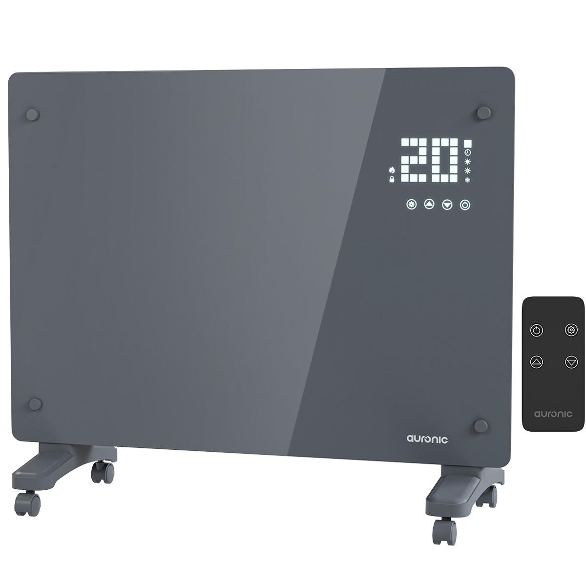 Een grijze elektrische paneelverwarmer met digitaal display en afstandsbediening op wielen.