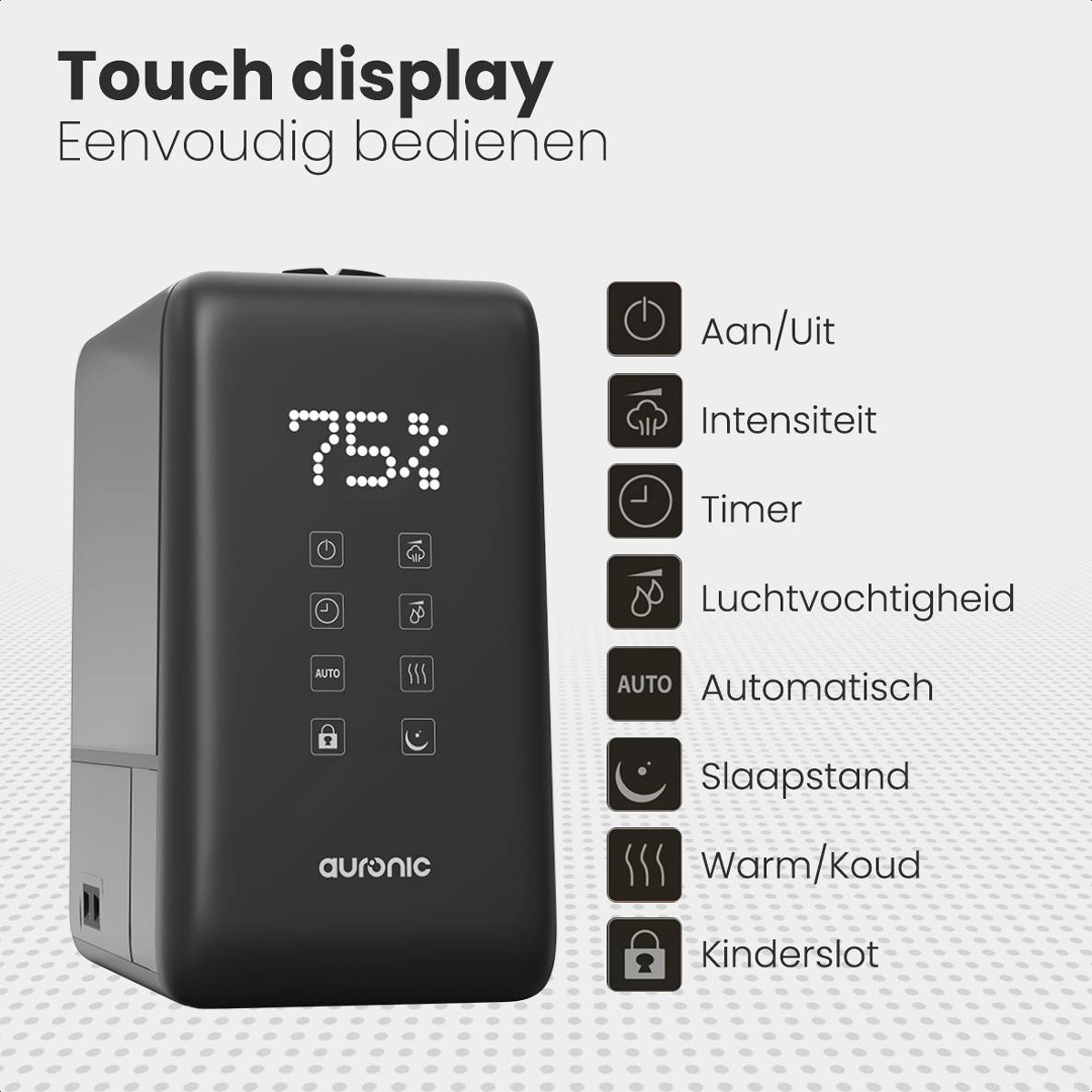 Schwarzes Gerät mit Bildschirm und Knöpfen. Es zeigt 'Touch-Display' und Symbole für Strom, Intensität und Luftfeuchtigkeit.