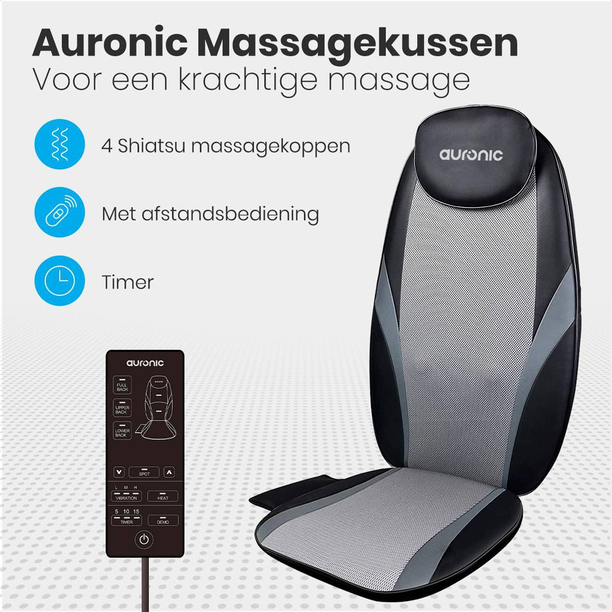 Black massage cushion with remote control. Text above. Icons for massage settings.