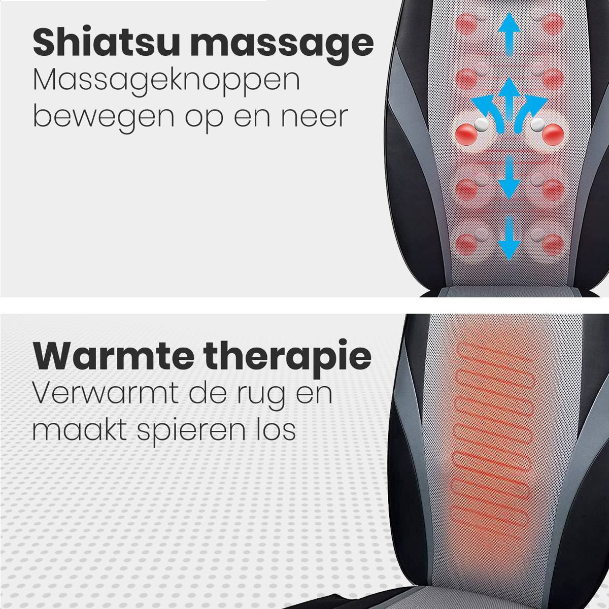 A massage chair back with red and white dots. Below, the back with red heating lines.