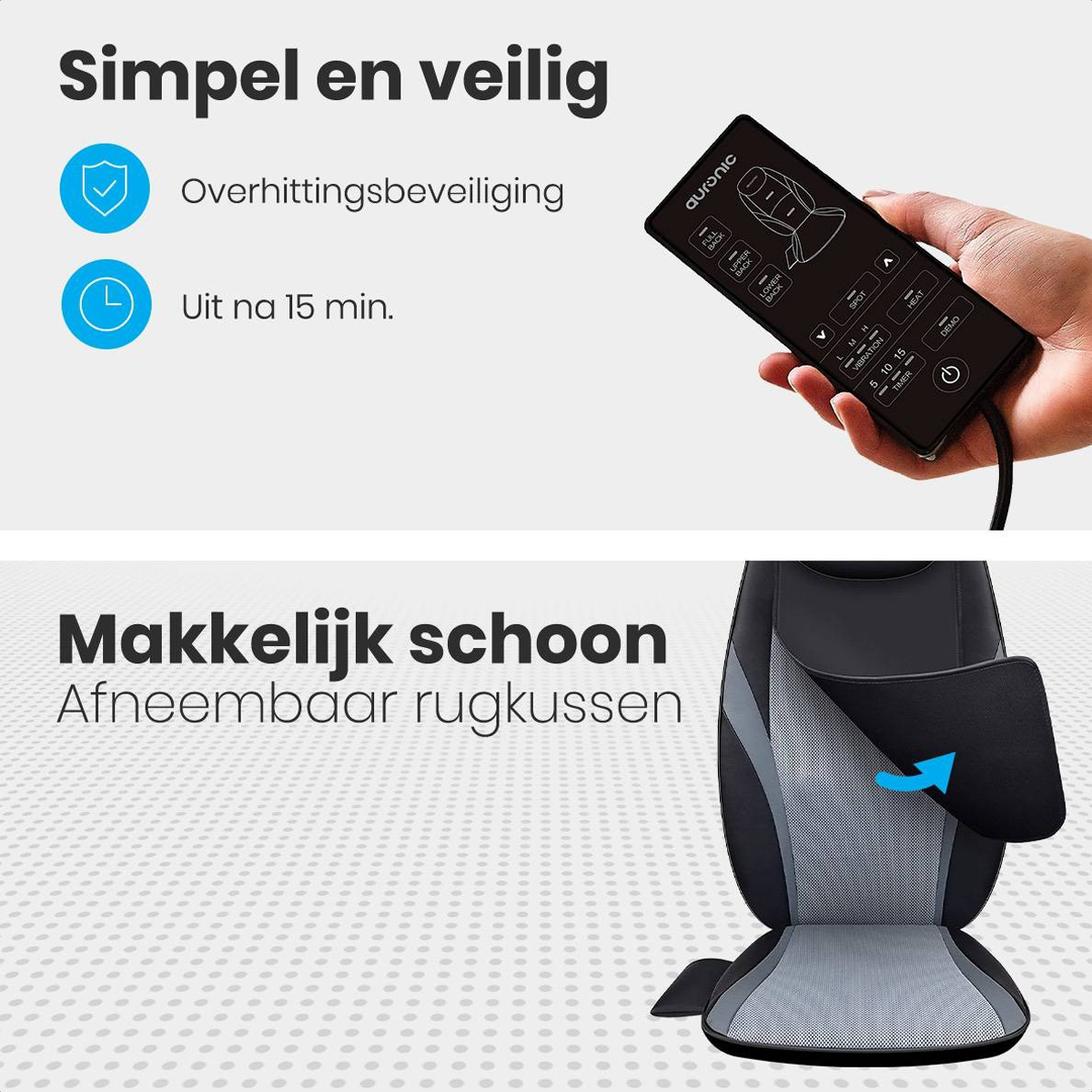 Remote control and massage seat. Texts: Safe, easy clean, removable cushion, and off after 15 min.