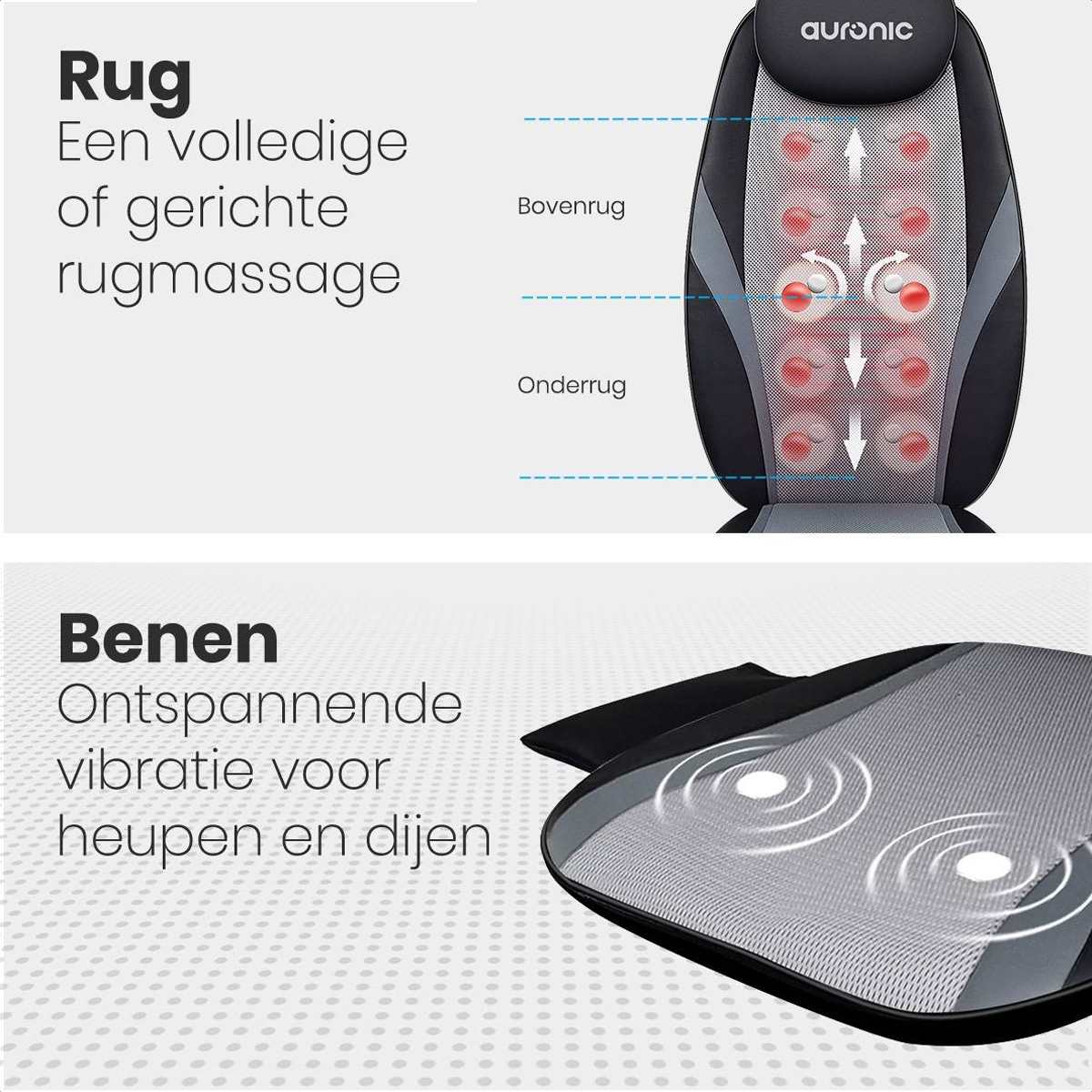 A massage chair with text: Back and leg massage. Arrows indicate massage zones.