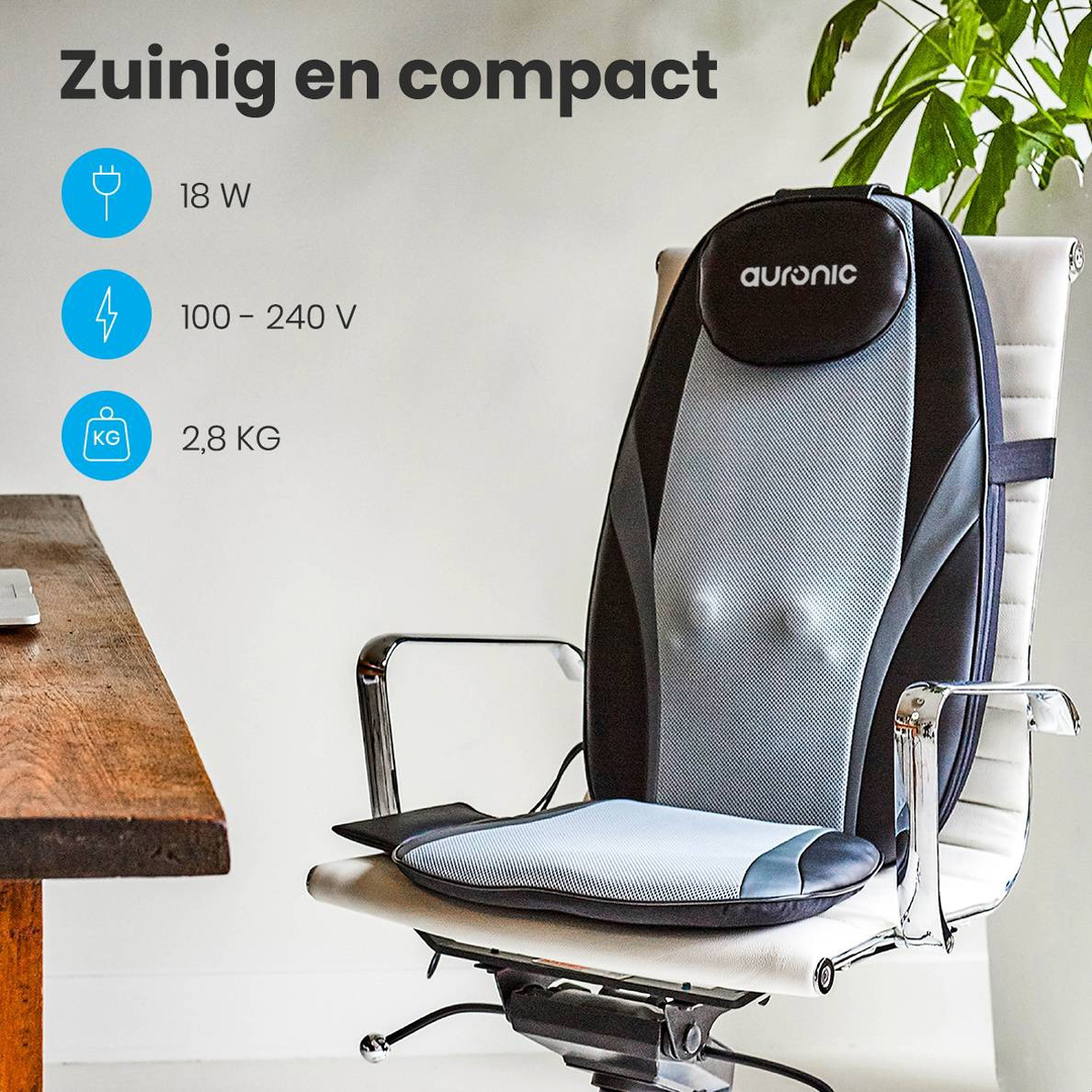 Office chair with a back massager. Text highlights 'Economical and compact'. Details for power consumption and weight are shown.